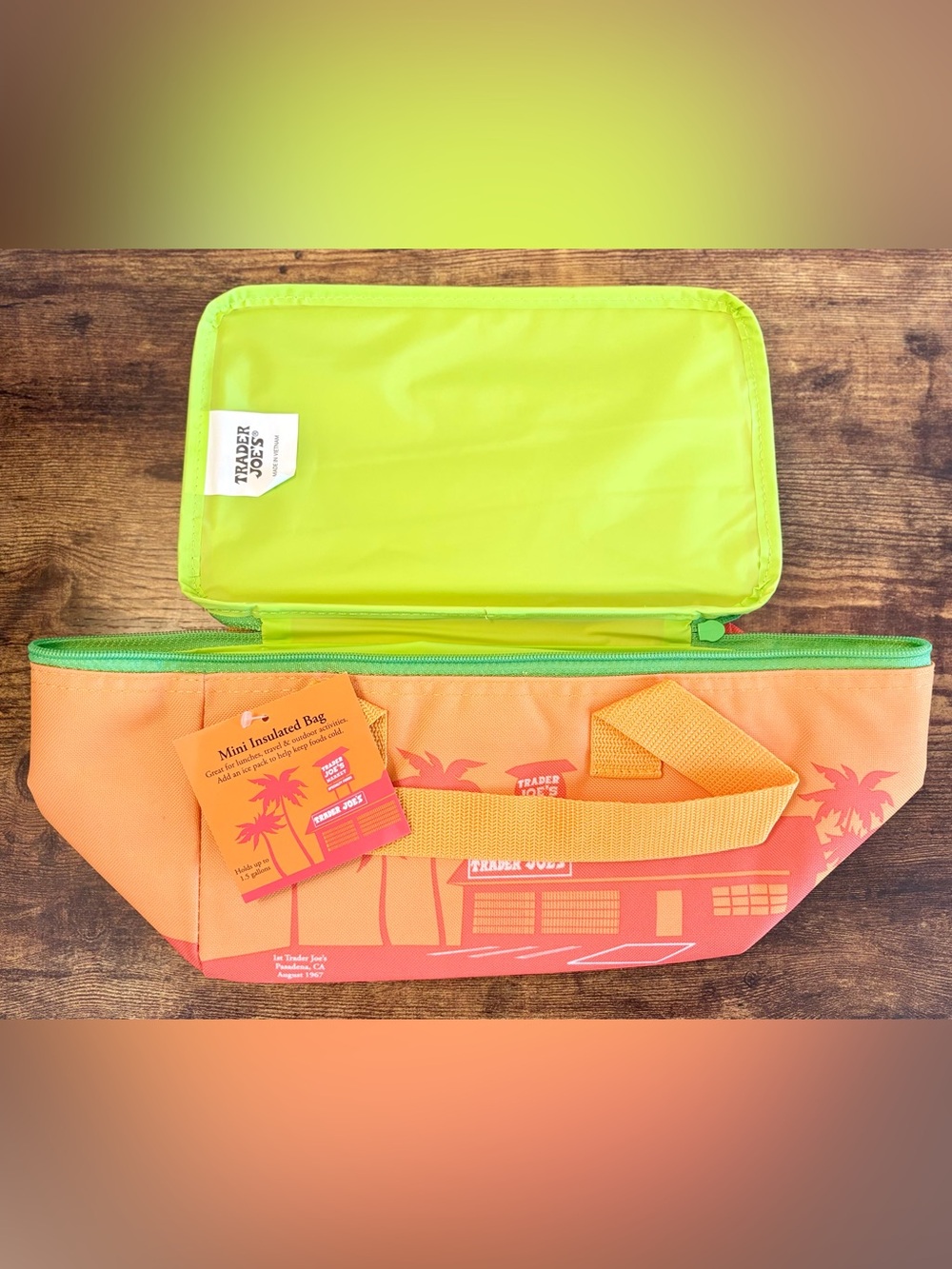 Trader Joe's Mini Insulated Tote Bag Summer Neon Orange Lime Green Zipper NWT